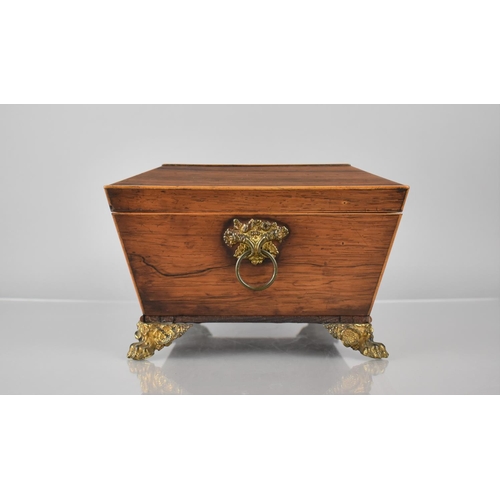 204 - A 19th Century String Inlaid Mahogany Sarcophagus Work Box with Twin Carry Handles on Four Ornate Cl... 