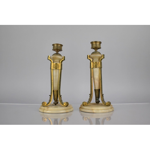 237 - A Pair of French Gilt Metal and Alabaster Lamps of Conical Form with Scrolled Footed Tripod Supports... 