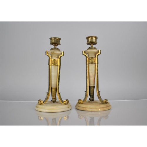 237 - A Pair of French Gilt Metal and Alabaster Lamps of Conical Form with Scrolled Footed Tripod Supports... 