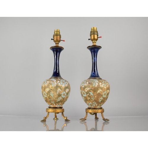 300 - A Pair of Early 20th Century Doulton Lambeth Vase of Bottle Form with Flared Elongated Neck, Decorat... 