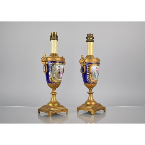 308 - A Pair of Sevres Style Porcelain and Gilt Bronze Mounted Urn Shaped Table Lamps with Goat Mask Handl... 