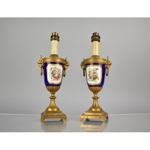 308 - A Pair of Sevres Style Porcelain and Gilt Bronze Mounted Urn Shaped Table Lamps with Goat Mask Handl... 