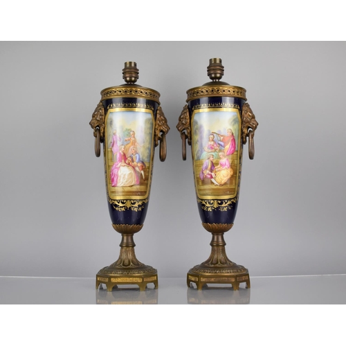 309 - A Pair of Sevres Style Porcelain Gilt Bronze Mounted Pot Pourri Vases of Slender Oviform with Lion M... 