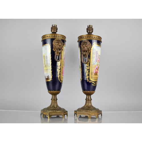 309 - A Pair of Sevres Style Porcelain Gilt Bronze Mounted Pot Pourri Vases of Slender Oviform with Lion M... 