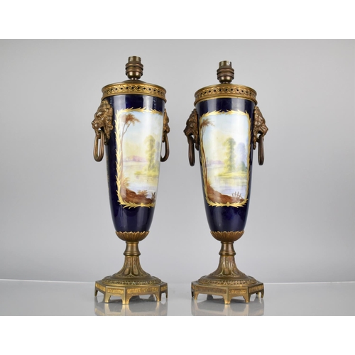 309 - A Pair of Sevres Style Porcelain Gilt Bronze Mounted Pot Pourri Vases of Slender Oviform with Lion M... 