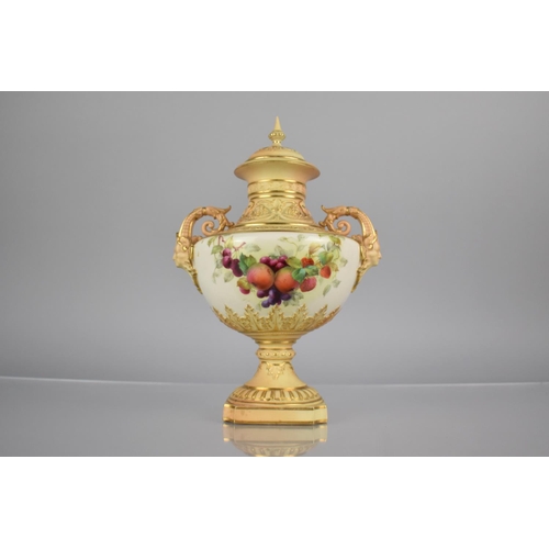 298 - A Royal Worcester Blush Ivory Pedestal Vase decorated with Fruit and Leaves on White Ground, Body wi... 