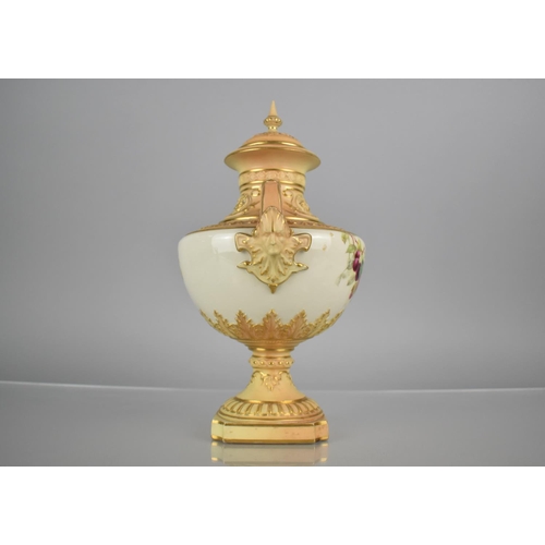 298 - A Royal Worcester Blush Ivory Pedestal Vase decorated with Fruit and Leaves on White Ground, Body wi... 