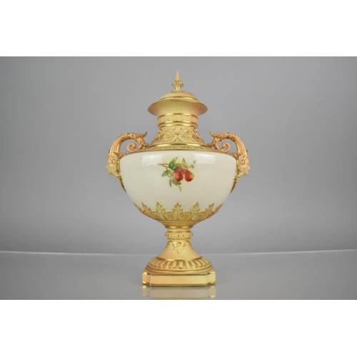 298 - A Royal Worcester Blush Ivory Pedestal Vase decorated with Fruit and Leaves on White Ground, Body wi... 