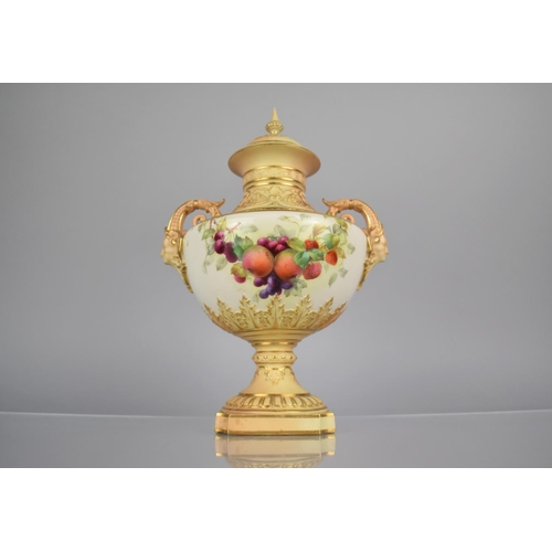 298 - A Royal Worcester Blush Ivory Pedestal Vase decorated with Fruit and Leaves on White Ground, Body wi... 