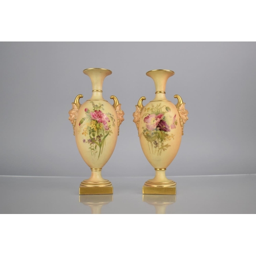 297 - A Pair of Royal Worcester Blush Ivory Vases decorated with Floral Bursts to Body and with Satyr Mask... 