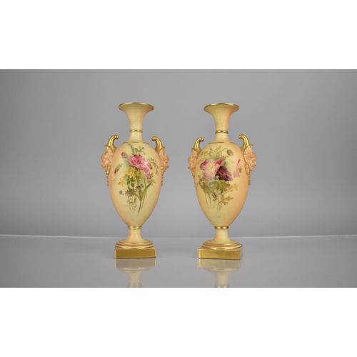 297 - A Pair of Royal Worcester Blush Ivory Vases decorated with Floral Bursts to Body and with Satyr Mask... 