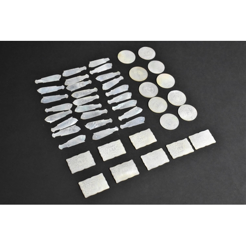 149 - A Collection of Chinese Mother of Pearl Gaming Counters to Comprise 26 Fish (5cms) 8 Rectangles (4cm... 