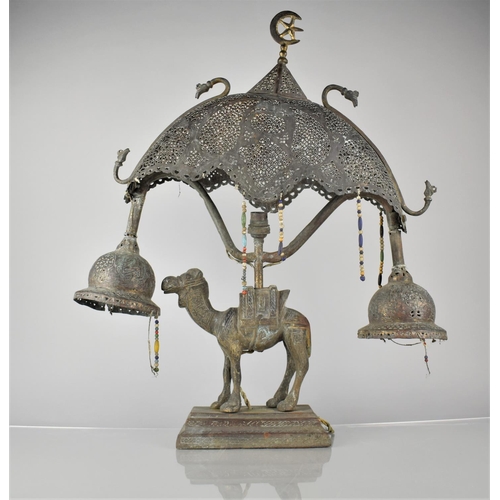 264 - An Early 20th Century Middle Eastern Bronze/Brass Two Branch Table Lamp with Camel Support, Conditio... 