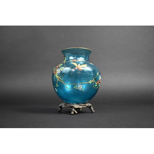 325 - A Late 19th Century French Aesthetic Enamelled Blue Baccarat Type Vase of Globular Form with Flared ... 