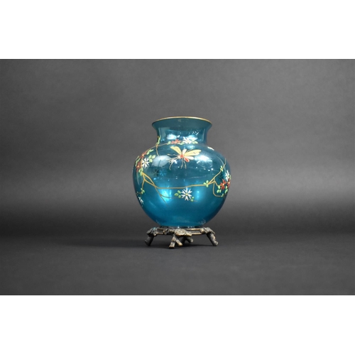 325 - A Late 19th Century French Aesthetic Enamelled Blue Baccarat Type Vase of Globular Form with Flared ... 