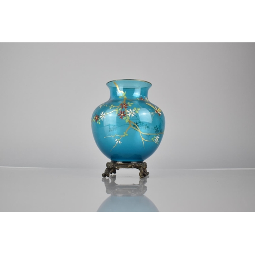 325 - A Late 19th Century French Aesthetic Enamelled Blue Baccarat Type Vase of Globular Form with Flared ... 