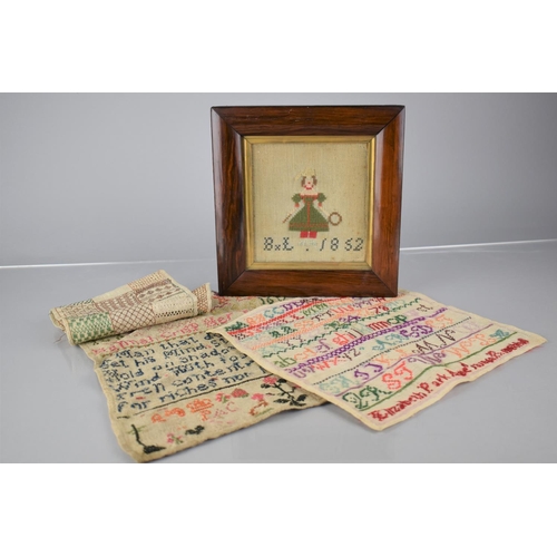 352 - A 19th Century Cushion Framed Sampler Dated 1852 together with Three Unframed Examples