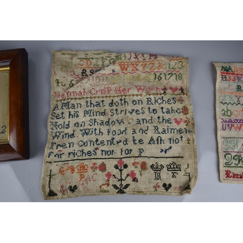 352 - A 19th Century Cushion Framed Sampler Dated 1852 together with Three Unframed Examples