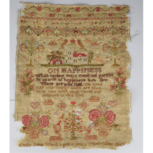 353 - A 19th Century Sampler by Emily Jane Ward Aged 6 Years, November 1847, Well Worked with Church, Bird... 