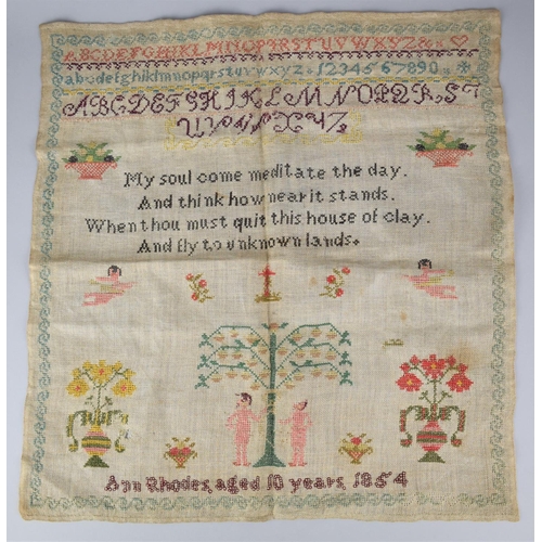 354 - A 19th Century Sampler by Ann Rhodes Aged 10 Years, 1854, Well Worked with Alphabet Verse, Adam and ... 