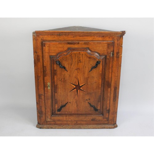 361 - A 19th Century Inlaid Oak Wall Hanging Corner Cabinet with Starburst Decoration to Panelled Door, 75... 