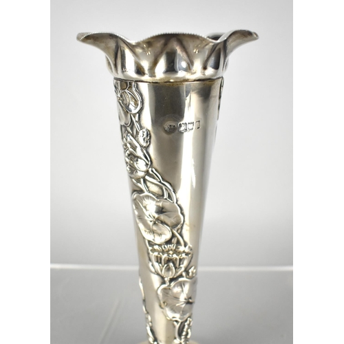 377 - An Edward VII Silver Bud Vase of Tapering Form with Frilled Rim Having Floral Repousse Decoration by... 