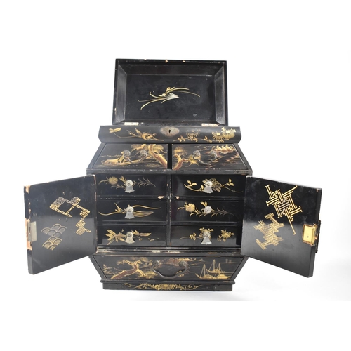 1 - An Edwardian Lacquered Chinese Table Top Collectors Cabinet Decorated in Gilt and Coloured Enamels, ... 