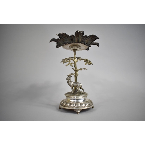 A WMF Silver Plated Table Centre Stand in the Form of Stag Standing Below Oak Tree, Makers Mark Stamp to Base Rim, Four Scrolled Feet, 27cm high