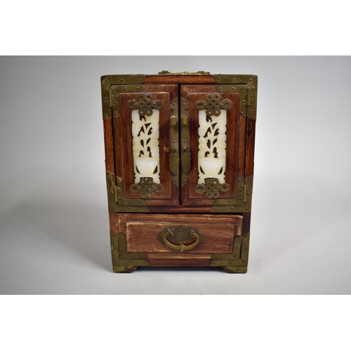 3 - A Mid 20th Century Brass Mounted Chinese Collectors Cabinet, the Hinged Panelled Doors with Faux Jad... 