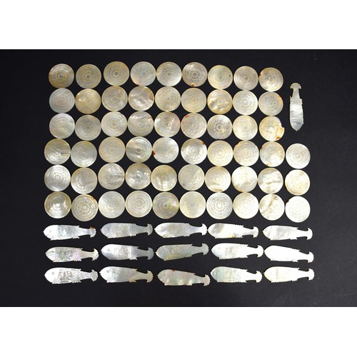 428 - A Collection of Chinese Carved Mother of Pearl Gaming Tokens to Comprise 56 Disks and 16 Fish. Condi... 