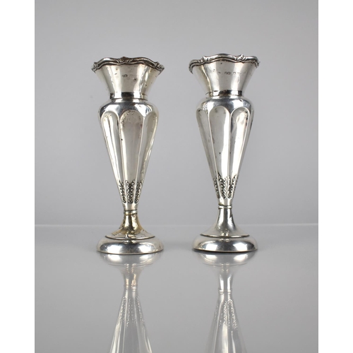 385 - A Pair of Silver Trumpet Vases, 14cms High, London Hallmarks Rubbed