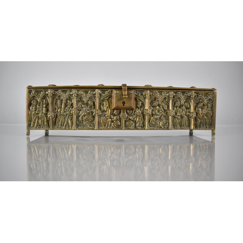 404 - A Late 19th Century Gothic Style Brass Casket decorated in Relief with Religious Figures Under Lance... 