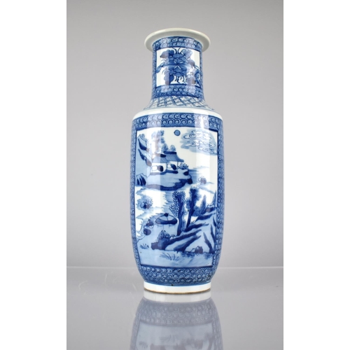 413 - A Chinese Porcelain Blue and White Rouleau Vase decorated with River Village Scene Panels, Double Co... 