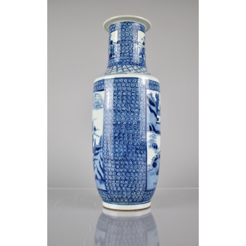 413 - A Chinese Porcelain Blue and White Rouleau Vase decorated with River Village Scene Panels, Double Co... 