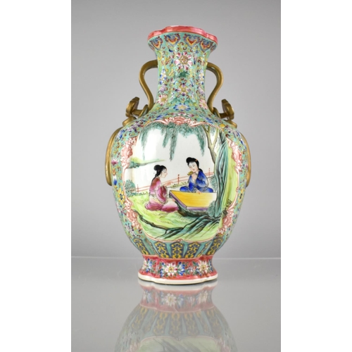 422 - A Chinese Porcelain Vase of Quatrefoil Form Having Hand Painted Cartouches Depicting Maidens in Gard... 