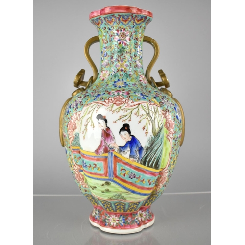 422 - A Chinese Porcelain Vase of Quatrefoil Form Having Hand Painted Cartouches Depicting Maidens in Gard... 