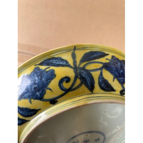 42 - A Chinese Porcelain Yellow Ground Blue and White 'Gardenia' Dish, Decorated with Central Gardenia Sp... 