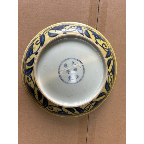 42 - A Chinese Porcelain Yellow Ground Blue and White 'Gardenia' Dish, Decorated with Central Gardenia Sp... 