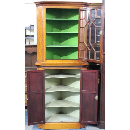 432 - An Edwardian Double Freestanding Corner Cabinet with Panelled Doors to Base Cupboard and Astragal Gl... 