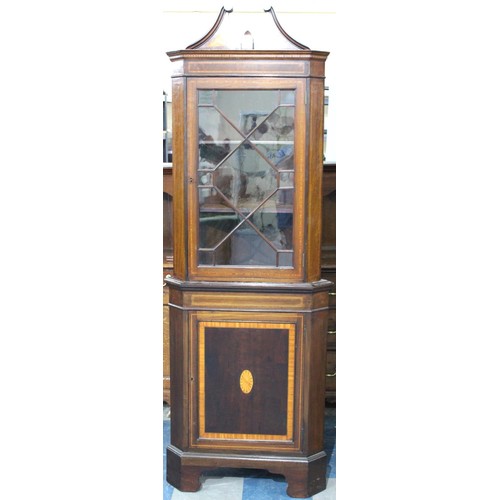 435 - An Edwardian Inlaid Double Freestanding Corner Cabinet with Astrigal Glazed Top, 202cms High, 72cms ... 