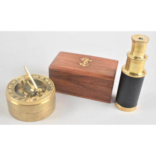 102 - A Small Reproduction Two Drawer Telescope in Wooden Box with Inlaid Brass Anchor to Lid together wit... 