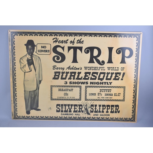 153 - A Framed Reproduction Printed Metal Burlesque Show Advertising Sign, 70x50cms