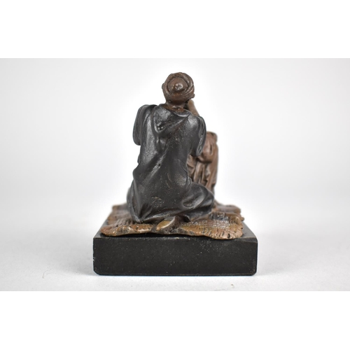 16 - A Bronze Figural Study of Barber and Client Sat on Rug Set on Square Slate Base, 8cms High