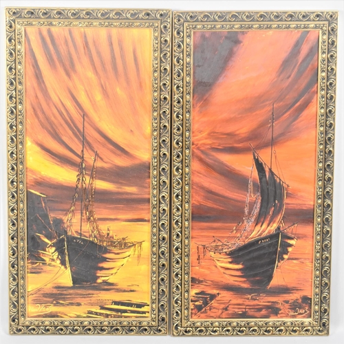 176 - A Pair of Gilt Framed Oils on Board, Fishing Boats, 29x70cms