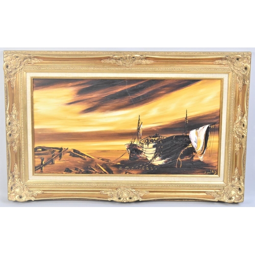 178 - A Gilt Framed Oil on Board Depicting Beached Fishing Boat at Sunset, 75x39cms