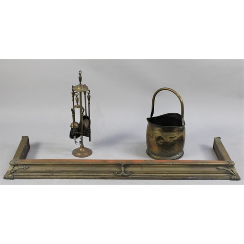 233 - A Vintage Brass Fire Kerb, Brass Companion Set and Helmet Shaped Coal Scuttle