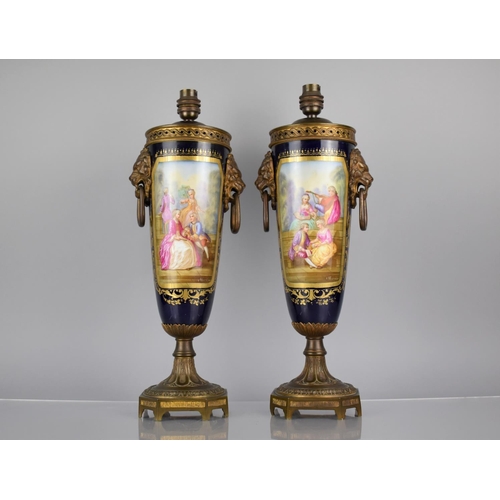 24 - A Pair of Sevres Style Porcelain Gilt Bronze Mounted Pot Pourri Vases of Slender form with Lion Mask... 