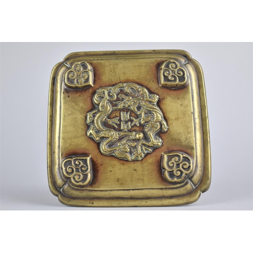 251 - A Chinese Bronze Tray of Stepped Square Form with Calligraphy Verses to Top and Dragons in Relife Ch... 