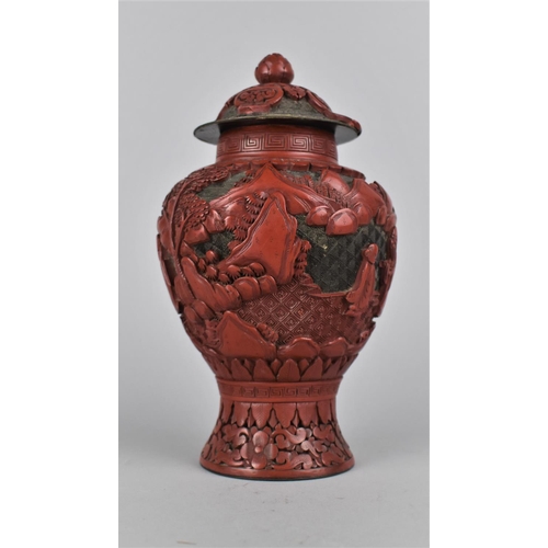 262 - A 19th Century Chinese Cinnabar Vase and Cover Decorated with Figures in Garden Setting, Condition I... 