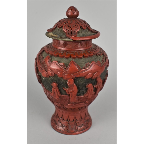 262 - A 19th Century Chinese Cinnabar Vase and Cover Decorated with Figures in Garden Setting, Condition I... 